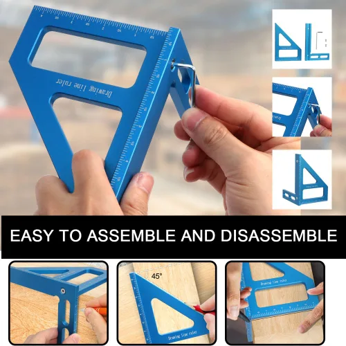 Miniatura 3 de Regla de medición multiángulo imperial 3D de 6 pulgadas, transportador cuadrado de carpintería de aleación de aluminio de 45/90 grados, línea