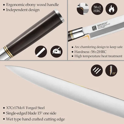 Miniatura 4 de XINZUO Cuchillo Yanagiba de 11 pulgadas X7Cr17MoV de acero forjado, cuchillo de sushi para sashimi, hoja de un solo filo, cuchillo de chef