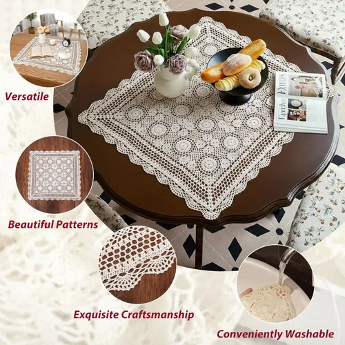 Miniatura 3 de kilofly Manteles individuales hechos a mano con encaje de algodón y ganchillo, para sofá, cuadrados, beige, 27 pulgadas
