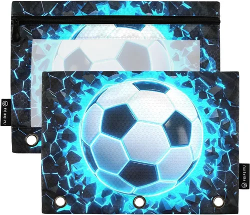 Miniatura 50 de Estuche para lápices de fútbol de fútbol en campo para carpeta de 3 anillas, paquete de 2 bolsas impermeables para lápices, estuche transparente