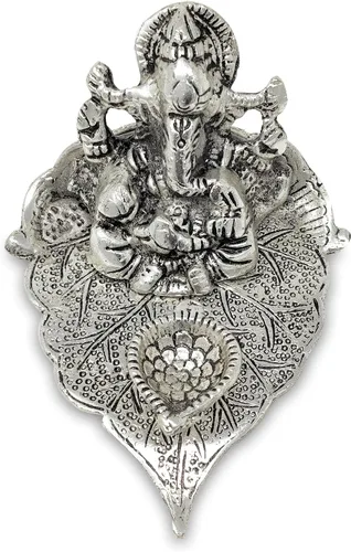Miniatura 2 de NOBILITY Ganesha de plata alemana en hoja estatua Ganesh ídolo con Diya para oficina en casa, Pooja Puja Diwali, artículos decorativos de regalo