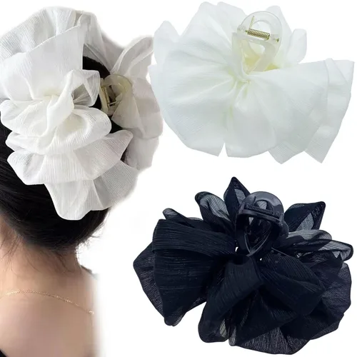 Miniatura 16 de Jaczora 2 pinzas para el pelo de seda de gasa, pinza grande de perlas con lazos, accesorios para el cabello para mujeres y niñas