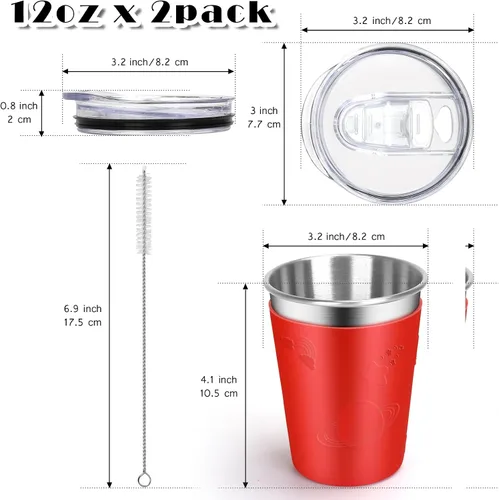 Miniatura 2 de ShineMe Vasos de acero inoxidable para niños, paquete de 2 tazas para niños con tapas y bonitas mangas de personajes espaciales, vasos antiderrames