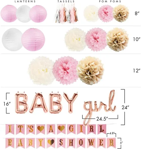 Miniatura 4 de Sweet Baby Co. Juego de decoración para Baby Shower, cartel con texto en inglés "It's a Girl", globos de letras (baby girl), pompones de flores