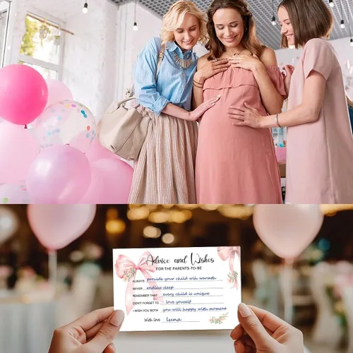 Miniatura 3 de 50 tarjetas de consejos de baby shower con lazo rosa para juegos de baby shower, consejos de lazo y tarjetas de deseos para padres nuevos