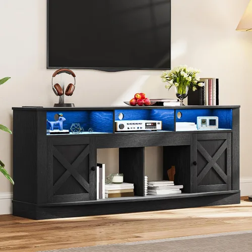 DWVO Soporte de TV para televisor de 75/80 pulgadas, centro de entretenimiento, consola de medios con luz LED, gabinete de TV con puertas de granero