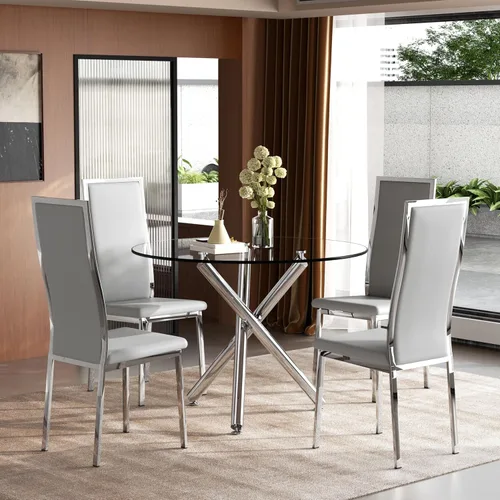 Miniatura 32 de Moderno juego de mesa redonda de cristal para 2, juego de mesa de cocina de círculo pequeño de 36 pulgadas con 2 sillas de comedor de piel sintética