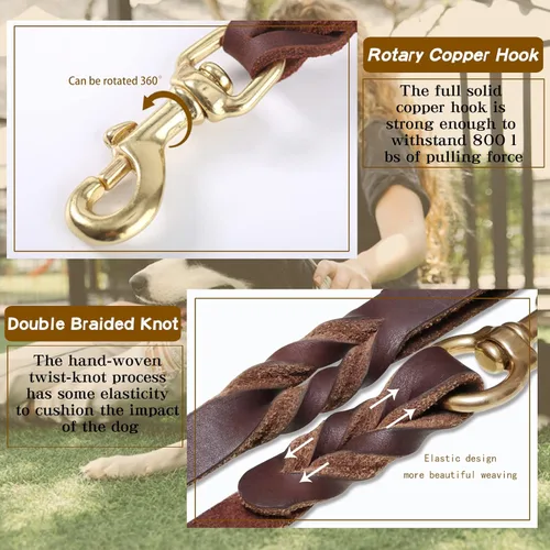 Miniatura 4 de Correa de cuero para perro de 6 x 1 pulgada, correa trenzada de cuero genuino fuerte y resistente, suave y cómoda para perros grandes, perros Marrón