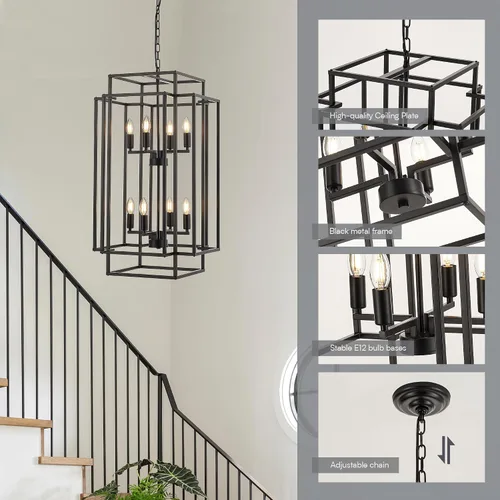 Miniatura 7 de lámpara colgante de farol de 8 luces en forma de escalones, lámpara de araña de granja de metal negro para colgar en vestíbulo de entrada, comedor