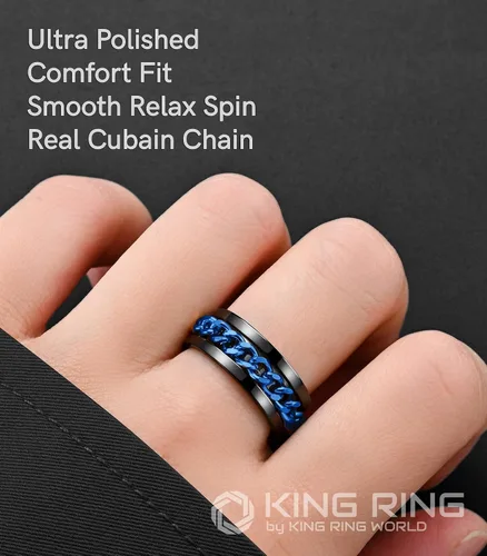 Miniatura 17 de King Ring Anillo giratorio de 0.315 pulgadas, anillo plano pulido fino para hombres y mujeres con cadena cubana, diseñado en Estados Unidos