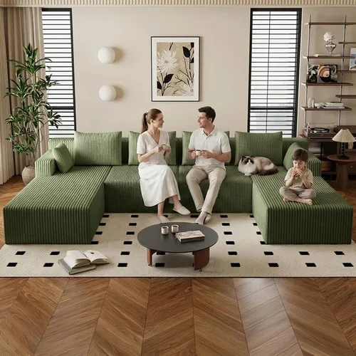 Miniatura 21 de Sofá modular de 95 pulgadas con otomana, moderno sofá nube de pana con asiento profundo, sofá sin hueso tapizado de 3 plazas en forma de U para sala
