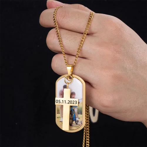 Miniatura 6 de CALLIE Collar personalizado con placa de identificación de cruz con foto para hombres, collares con colgante de acero inoxidable personalizado