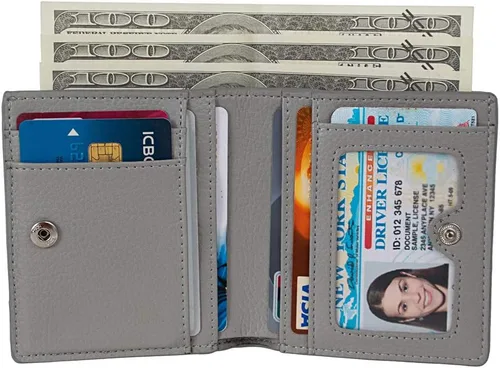Miniatura 2 de Cartera de piel RFID pequeña compacta con bolsillo plegable para tarjetas, organizador de bolsillo para mujer, mini monedero con ventana