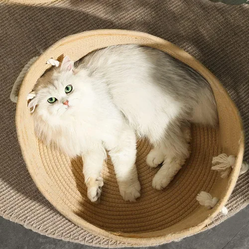 Miniatura 6 de Cama de algodón tejida para gatos con cuerda de algodón para perros pequeños y gatos, cesta de nido para dormir, hecha a mano, cuna natural
