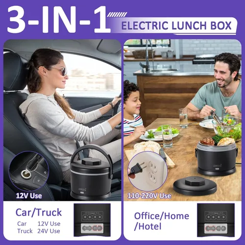 Miniatura 3 de Lonchera eléctrica para adultos de 40 oz, calentador de alimentos portátil 12V/24V/110V/220V, lonchera con calefacción para trabajo, oficina, Negro
