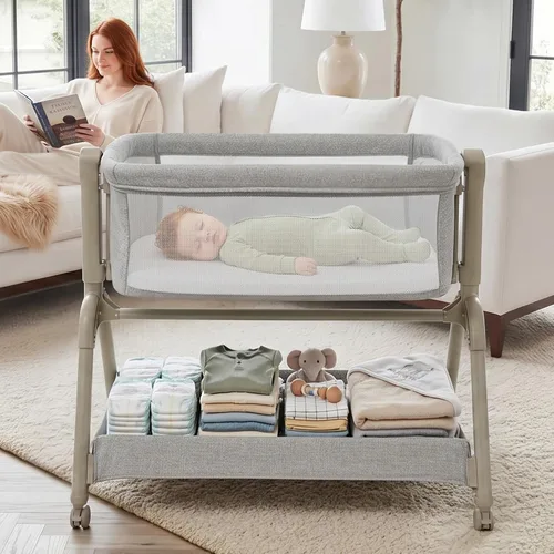 Miniatura 2 de Ezebaby Cuna para bebé al lado de la cama, moisés 3 en 1 con colchón cómodo y ruedas, cuna estable y segura para recién nacido con ajuste de altura