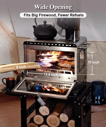 Miniatura 3 de TOMOUNT Estufa de tienda caliente,Estufa de leña con base de marco,con 7 tubos de chimenea,Acero inoxidable 304 con ventana de vidrio resistente al