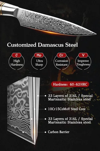 Miniatura 3 de HEZHEN Cuchillo utilitario de 5 pulgadas con filo de navaja - Acero de Damasco con patrón de rosa multifuncional VG10 cuchillo profesional