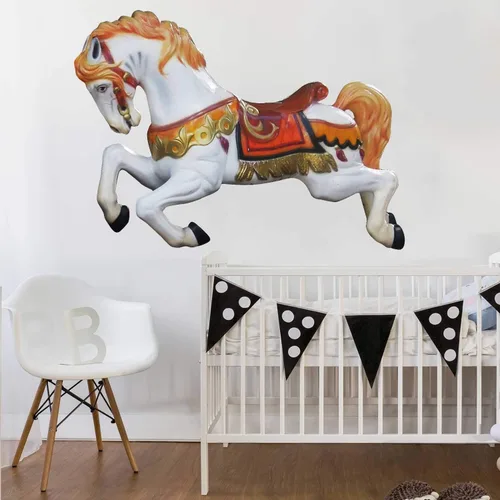 Miniatura 4 de Vinilo decorativo para pared, diseño de caballo de carrusel parisino, mural Merry go Round (negro y verde azulado, 52 x 43 pulgadas)