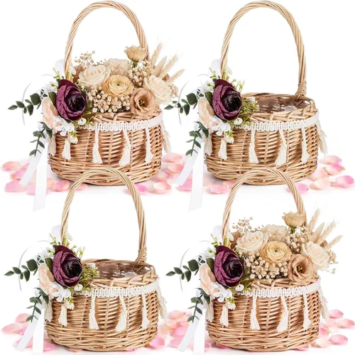 Miniatura 8 de Thyle 4 cestas de flores con 4 ramilletes azules para muñeca de boda pequeños tejidos de ratán de 5.12 x 8.27 pulgadas, cesta floral de mimbre