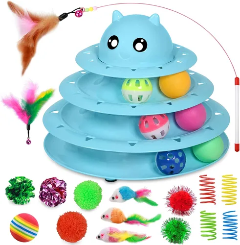 Miniatura 13 de UPSKY Juguete Rodillo para Gatos Tornamesa de 3 Niveles Juguete para Gatos con Pelotas con Seis Pelotas Coloridas Juguetes Interactivos para Gatitos