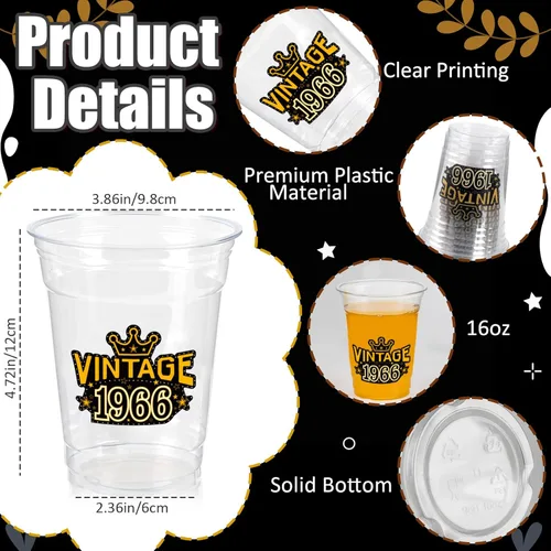 Miniatura 5 de 50 vasos de plástico para fiesta de cumpleaños número 60 a granel, 16 onzas, vasos desechables de plástico negro dorado para celebrar cumpleaños