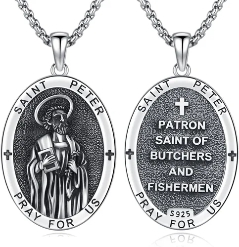 Miniatura 695 de Collar con colgante de plata de ley 925 con medalla de San Patrón, joyería religiosa para hombres y mujeres, con cadena de acero inoxidable 316L