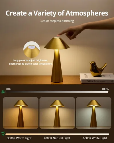 Miniatura 4 de Bojim Lámpara de mesa inalámbrica recargable, luces LED de mesa inalámbricas, funciona con pilas, táctil para 3 colores regulables, impermeable IP54