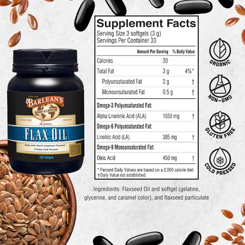 Miniatura 2 de Barlean's Suplementos de Aceite de Linaza Lignan Omega 3 6 9, Cápsulas Blandas de Semilla de Lino Prensadas en Frío con 1550 mg de Ácidos Grasos