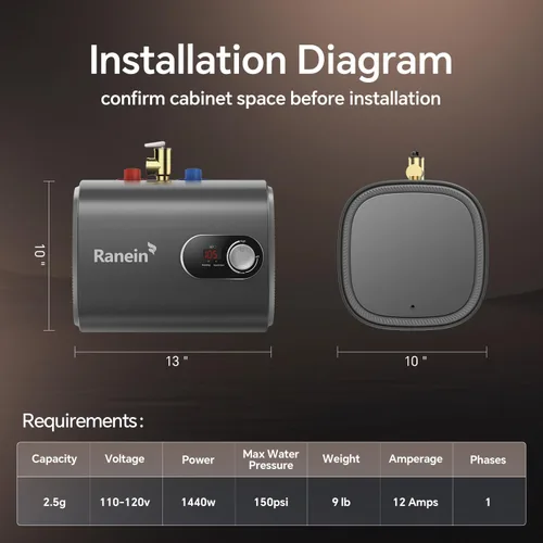 Miniatura 2 de Gen II Ranein - Calentador de agua eléctrico de 2.5 galones, 120 V, agua caliente instantánea para punto de uso, fácil instalación, diseño compacto