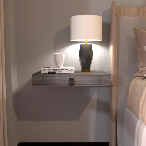 Miniatura 10 de Juego de 2 estantes flotantes con cajón, mesita de noche para dormitorio, baño o cocina, estante de pared de 16 pies con almacenamiento, color gris