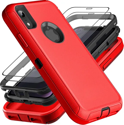 YKHJKLEC para iPhone XR, funda de grado militar 3 en 1 resistente a prueba de golpes/caídas/polvo con 2 piezas de protector de pantalla de vidrio