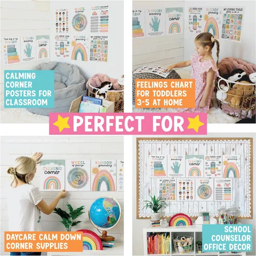 Miniatura 4 de Hadley Designs 9 carteles de esquina relajantes para el aula, suministros de esquina tranquila con tabla de emociones, póster de consejero escolar