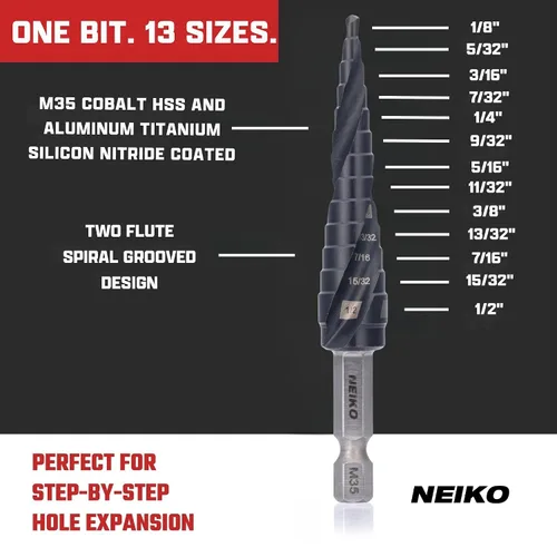 Miniatura 2 de NEIKO 10602B Step Drill Bit, 13 Steps 1/8" to 1/2" Spiral M35 Cobalt, AlTiSiN Coated, 1/4" Quick Change Step Bits for Steel, Metal, Wood, Plastic