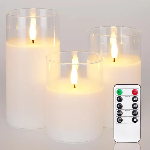 Miniatura 11 de Homemory Vela sin llama extra grande de 6 x 6 pulgadas con 3 mechas, vela LED de cristal, vela de cera real a pilas con control remoto y 3 mecha gris
