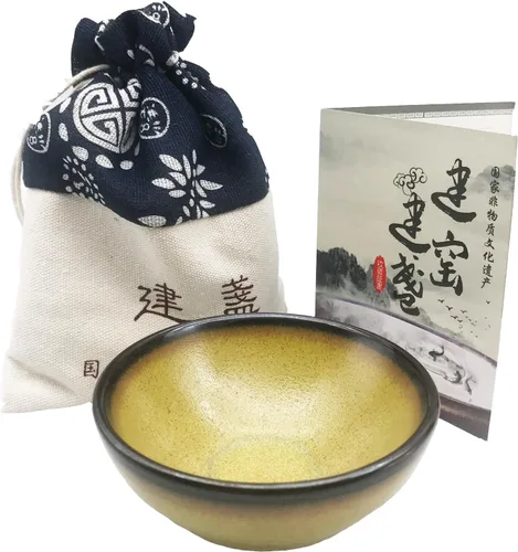 Taza de té Jianzhan Tenmoku hecha a mano de 4.4 oz/4.4 fl oz, artesanías chinas antiguas, taza de té de kungfu, patrón amarillo clásico pintoresco y
