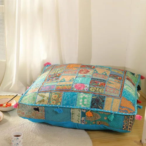 Miniatura 13 de THE ART BOX Almohadas de Suelo y Fundas de Cojín de Algodón Patchwork Vintage Boho Bordadas, Puf para Perro, Puf de Asiento, Almohada de Meditación