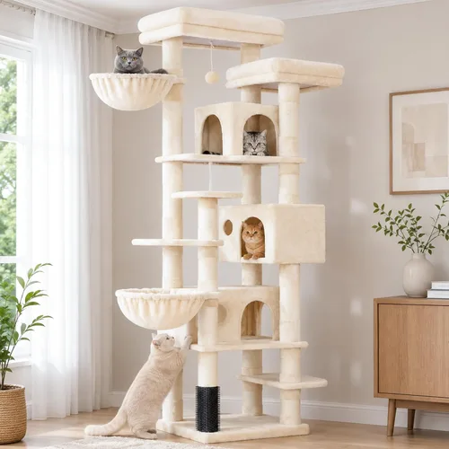 Hey-brother Árbol de Gato, torre de gato de varios niveles XL de 74 pulgadas para gatos de interior con tres condominios para gatos, dos plataformas