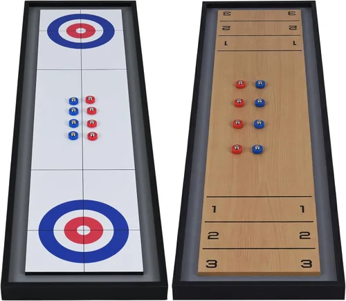 Goplus Juego de mesa 2 en 1, juego de mesa portátil de 2 caras con 8 discos rodantes, juego de mesa de tejo de madera y curling para adultos