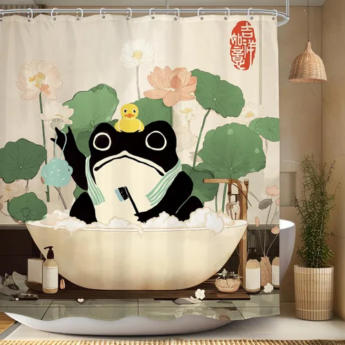 Miniatura 19 de Cortina de Ducha Divertida de Rana Juego de Baño 48 Pulgadas de Ancho x 71 Pulgadas de Alto Lindo Animal Retro Tomando Ducha Patito de Goma