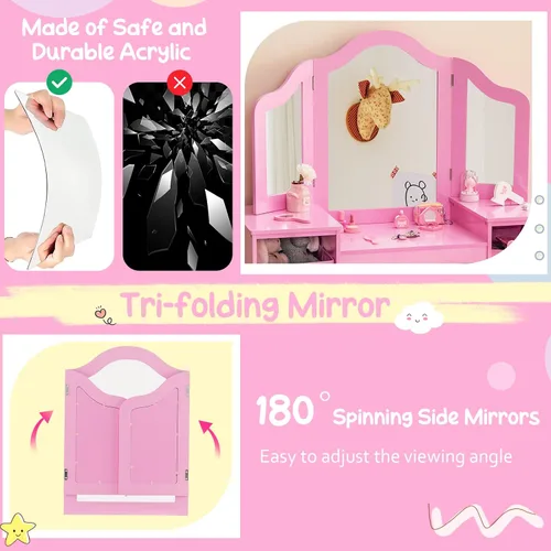 Miniatura 2 de Costzon Tocador para Niños, Juego de Escritorio y Silla de Maquillaje de Princesa 2 en 1 con Espejo Tri-Plegable, 4 Cubos de Almacenamiento, Mesa