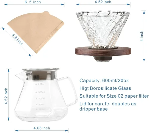 Miniatura 6 de BeeCa Manual pour over coffee maker, 20Oz+50 Filters, 1-4 Cup Non-slip walnut grip, No plastic taste, Space-saving design, Dishwasher safe