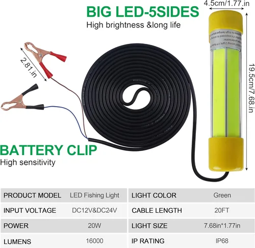 Miniatura 3 de Luz de pesca subacuática súper brillante de 16000 lúmenes, 20 W, 12 V, LED, sumergible, buscador de cebo de pesca nocturna, luz de caída profunda