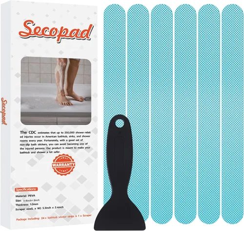 Miniatura 11 de Secopad Calcomanías de ducha antideslizantes originales para bañera y ducha, tiras de seguridad adhesivas fuertes con raspador, ideal para familias