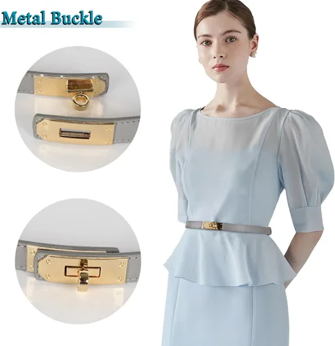 Miniatura 390 de Cinturón de cuero clásico con hebilla de metal para mujer con vestido de jeans