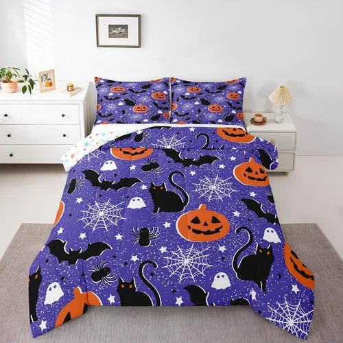 Miniatura 14 de Feelyou Juego de edredón de Halloween, color rosa fantasma, juego de ropa de cama tamaño individual, decoración para niños y niñas, lindo juego