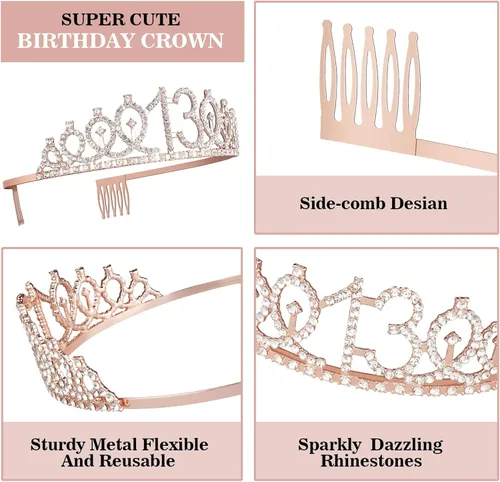 Miniatura 3 de Decoraciones de cumpleaños número 13 para niñas, incluyendo corona/tiara de cumpleaños 13, banda oficial para adolescentes y decoración de pastel