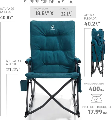 Miniatura 7 de EVER ADVANCED Silla de camping basculante plegable extragrande, silla de columpio portátil acolchada para patio, césped y exteriores, sillón duro