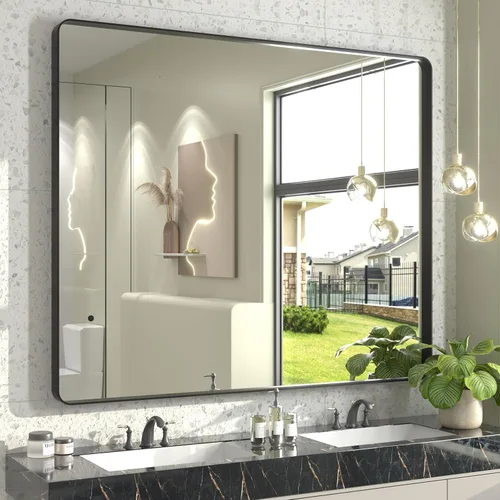 Miniatura 118 de Paquete de 2 espejos de baño con marco de metal negro de 22 x 30 pulgadas, espejo rectangular redondeado negro mate, antioxidante, se cuelga