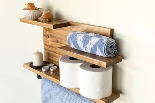 Miniatura 3 de Straga Estantes rústicos de baño montados en la pared, organizadores de estantes de madera dura de 23 pulgadas con soporte para toallas de 18